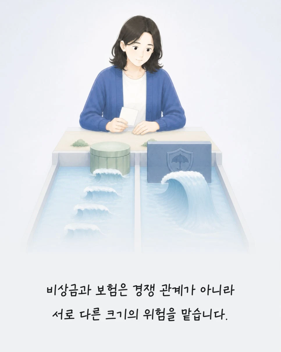 서로 다른 크기의 위험을 맡는 비상금과 보험